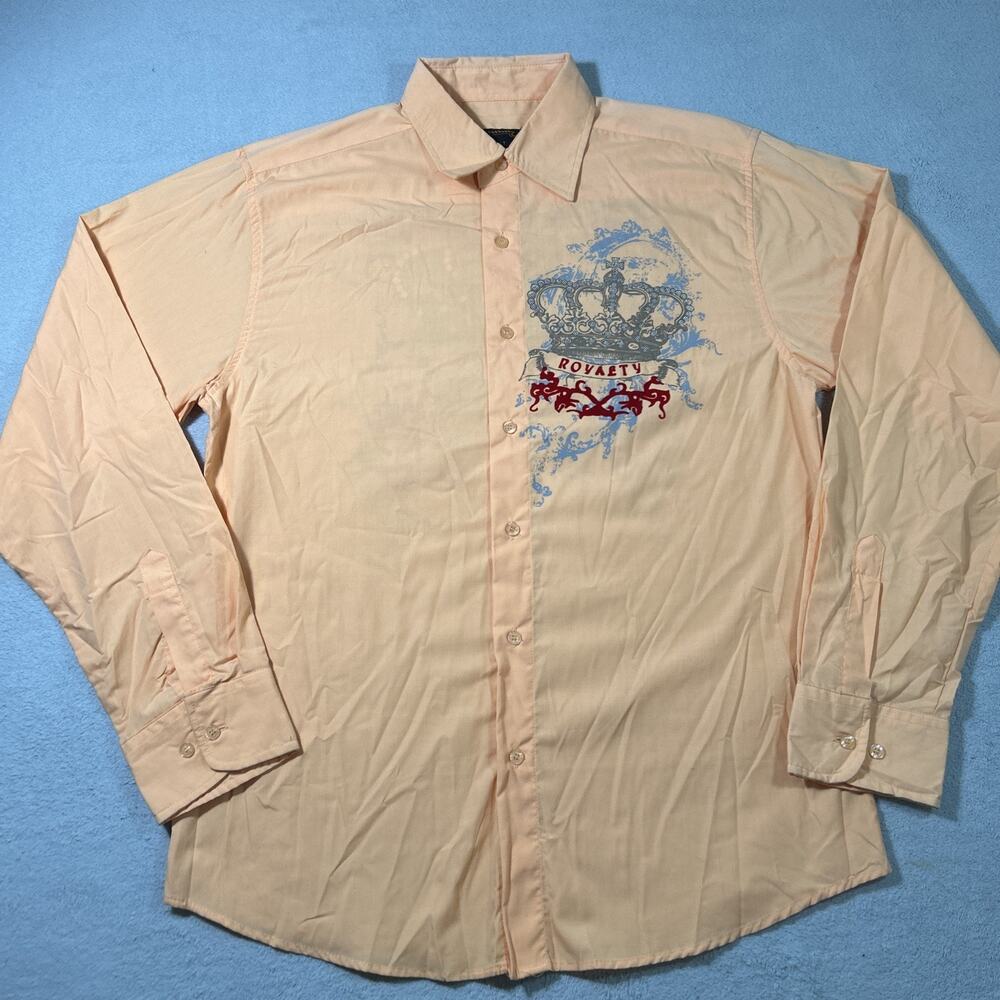 Y2k 2000s Affliction Style Royal Shield Cross Wings AOP Button Shirt Medium